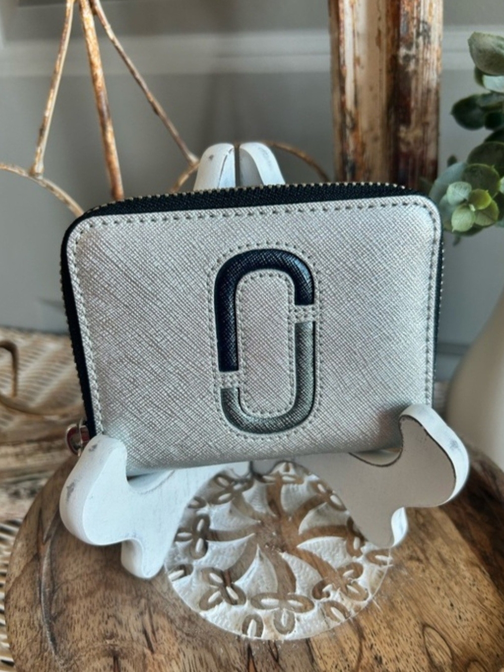Marc Jacobs Metallic Silver Zip Wallet with Black Logo Accent